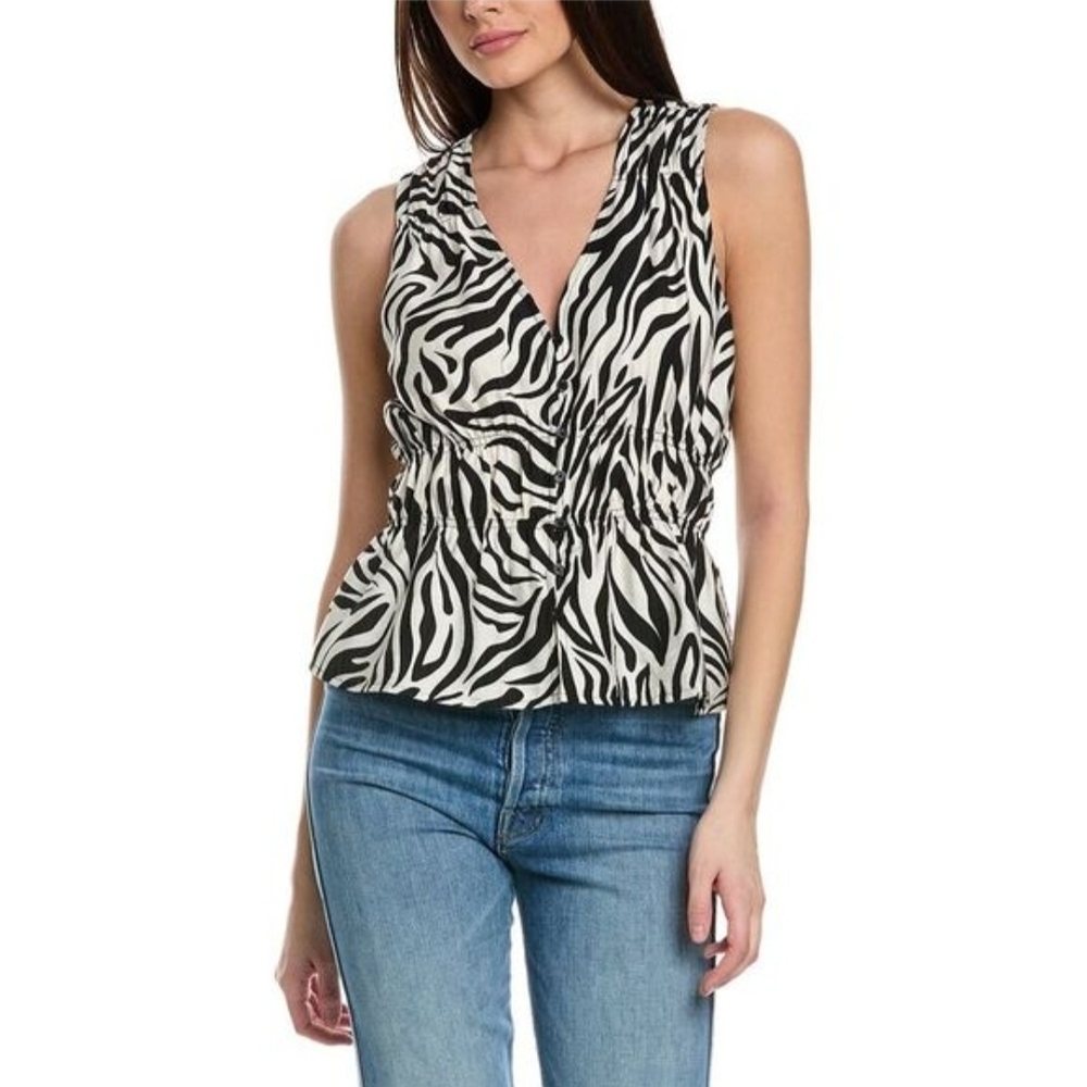 Rachel Roy (Women's M) Zebra Print Sleeveless Shirred Sleeveless Top Tank